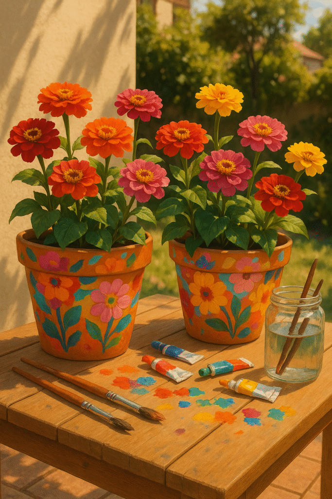 Zinnias in Painted Clay Pots
