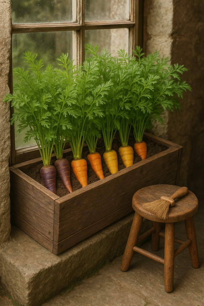 Rainbow Carrots in Deep Window Boxes