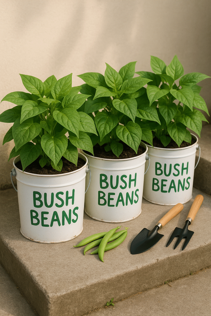 Bush Beans in Recycled Buckets