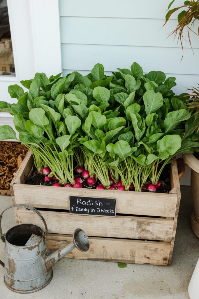 Radishes in Wooden Crates