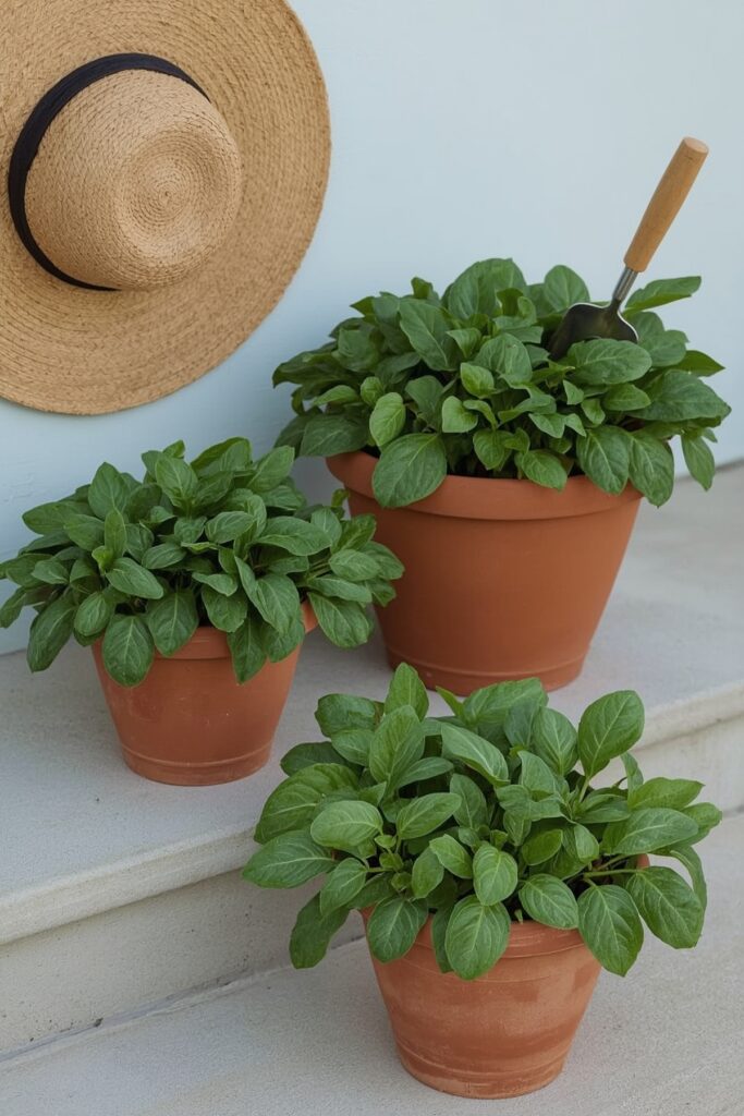 Spinach in Round Planters
