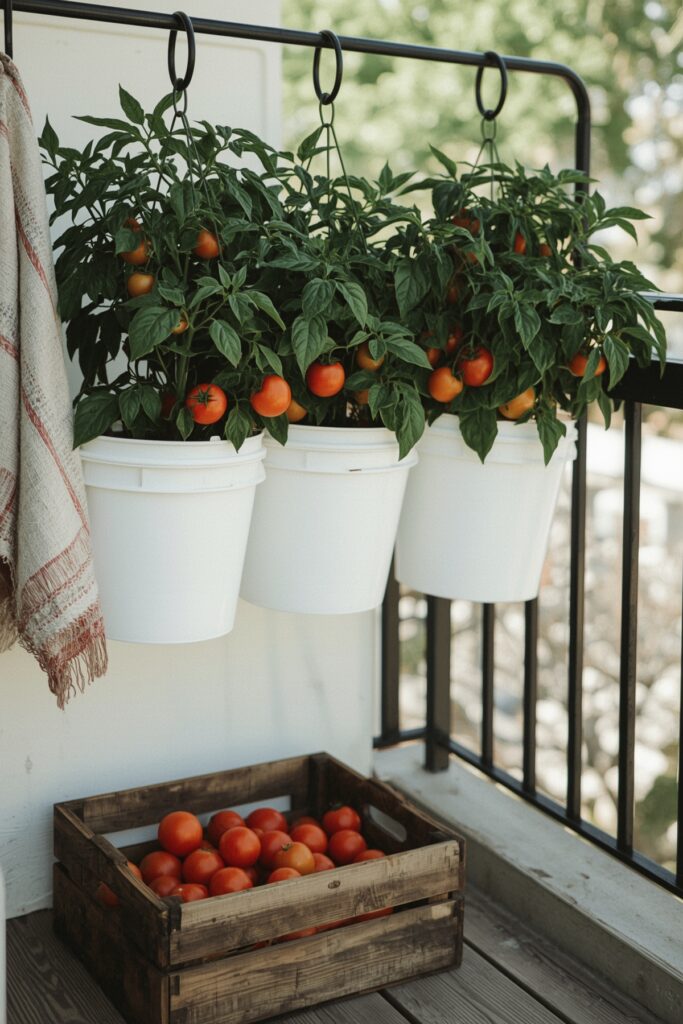 Bush Tomatoes in Hanging Buckets