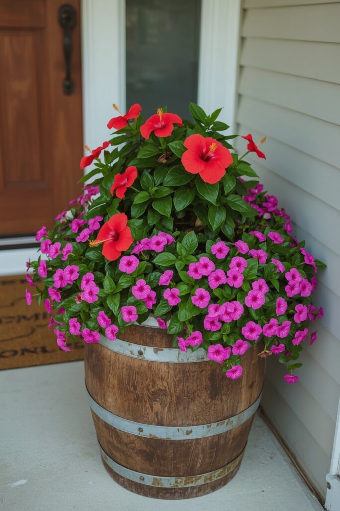 Hibiscus and Petunias in Barrel Planters