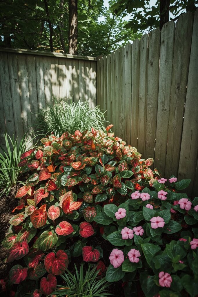 Caladiums with Impatiens in Shade Corners