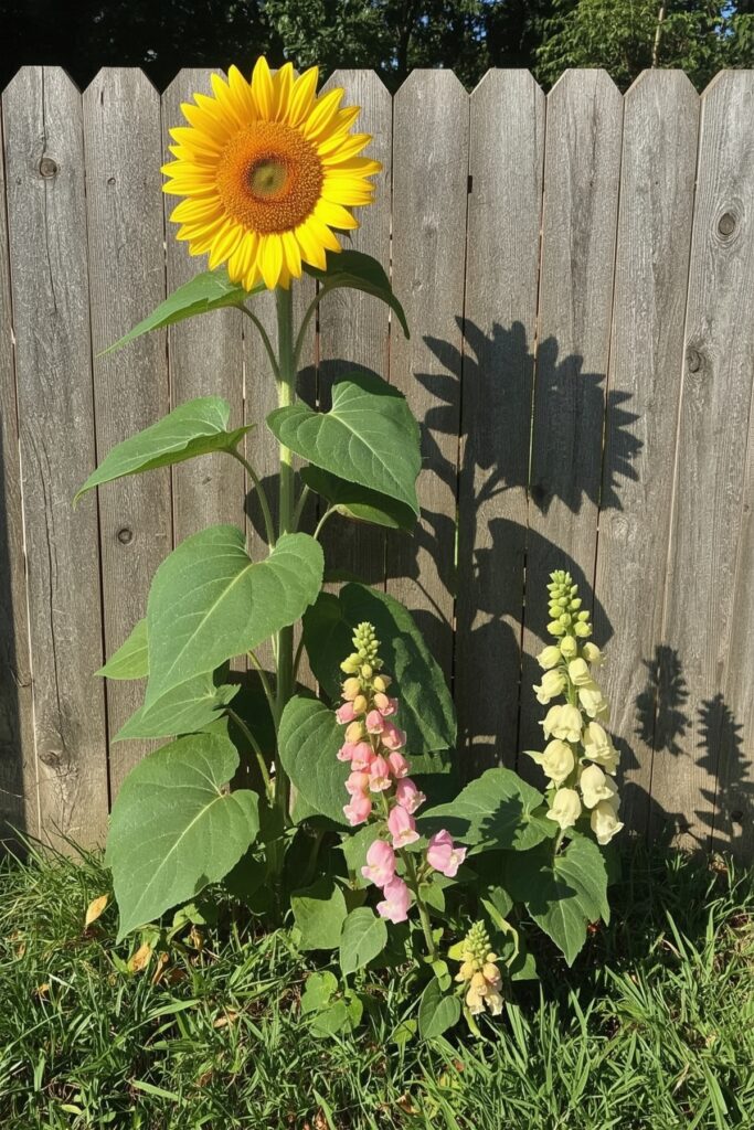 Sunflowers and Snapdragons by the Fence