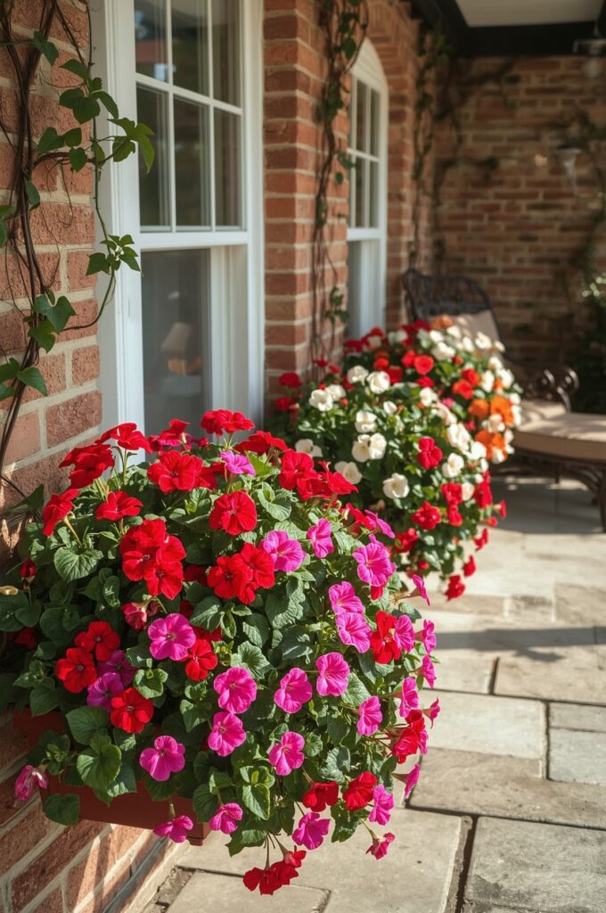 Colorful Geraniums in Window Boxes
