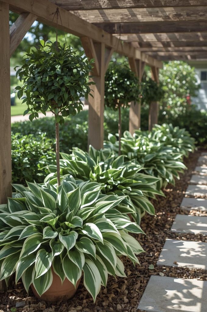 Decorative Hostas in Low Pots