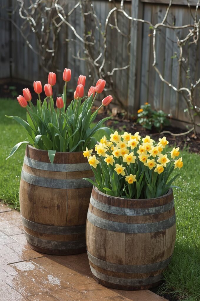 Tulips and Daffodils in Spring Barrels