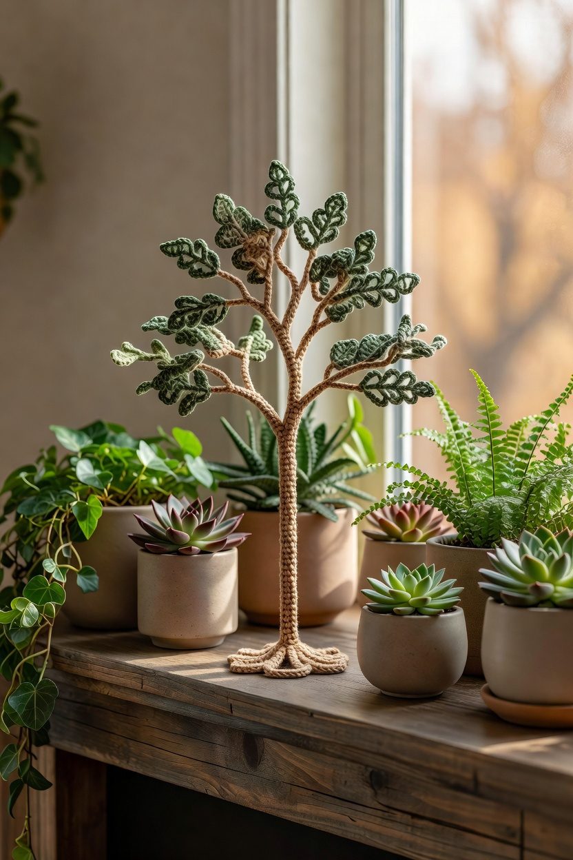 crochet tree mantel decor