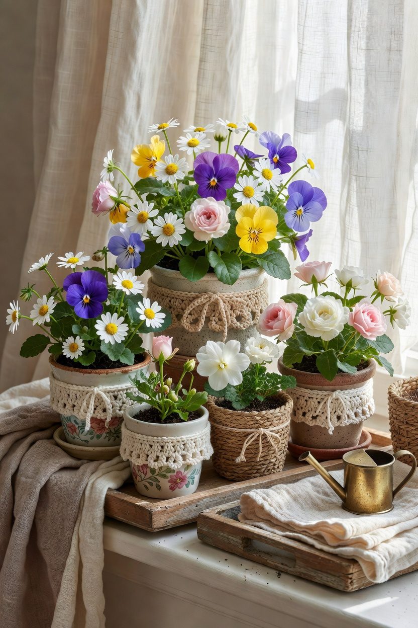 crocheted mini flower arrangement