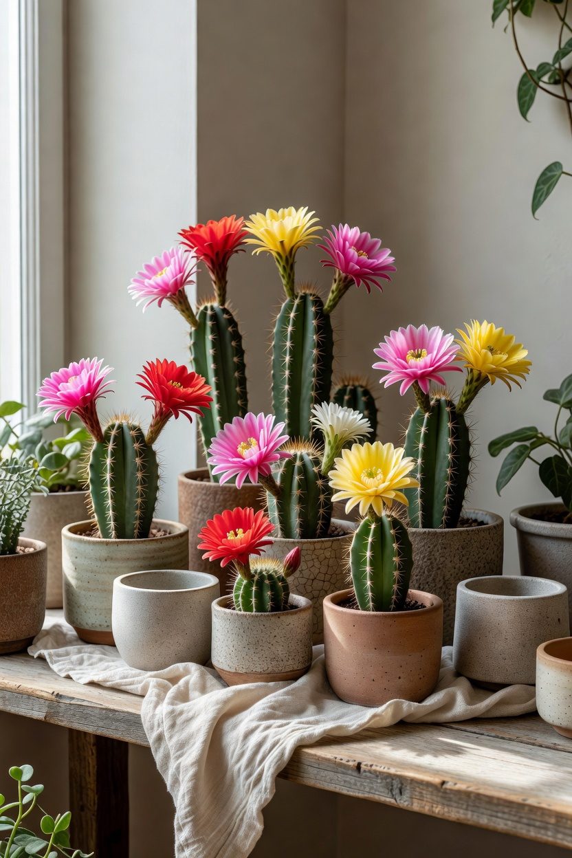seasonal cacti with colorful blooms